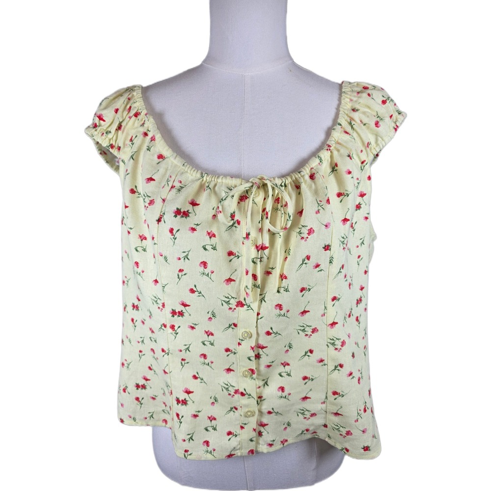 WAYF Yellow Floral Linen-Blend Button Front Tie Neck Ruffle Cap Sleeve Top